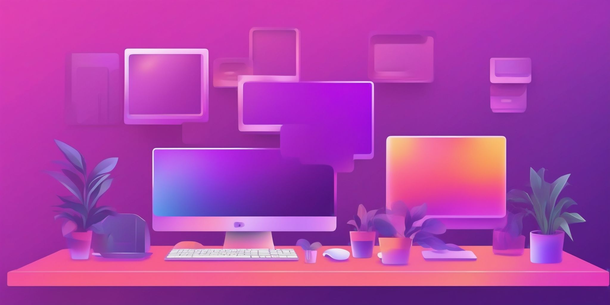 Desktop in flat illustration style, colorful purple gradient colors